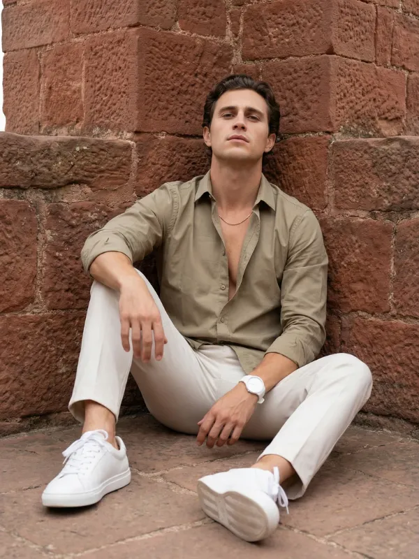 AI-generated menswear image of a man in an olive shirt and white trousers seated against a red stone wall