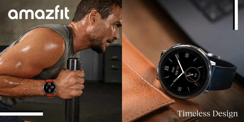 Amazfit smartwatch campaign banner — athlete training and Timeless Design watch on leather