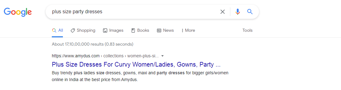 Google results for plus size party dresses with Amydus as the first result