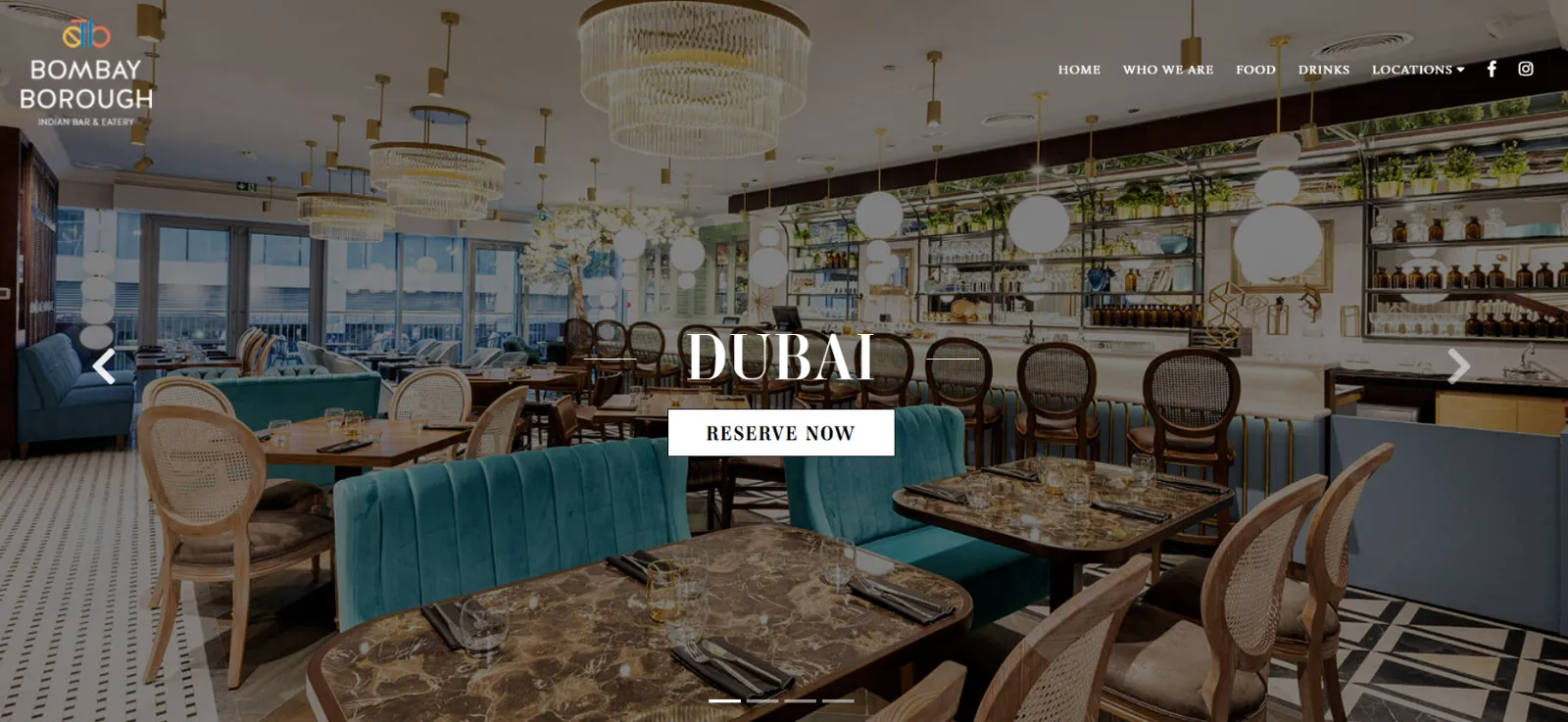 Bombay Borough website homepage showing the Dubai restaurant interior with a Reserve Now button