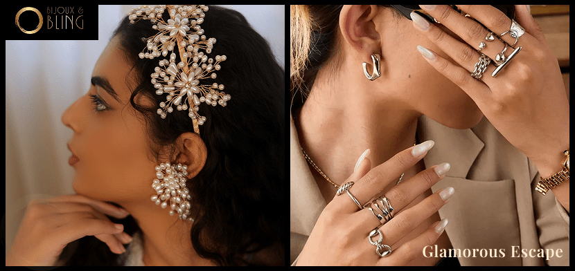 Bijoux & Bling jewelry campaign banner — pearl headpiece and silver rings, Glamorous Escape