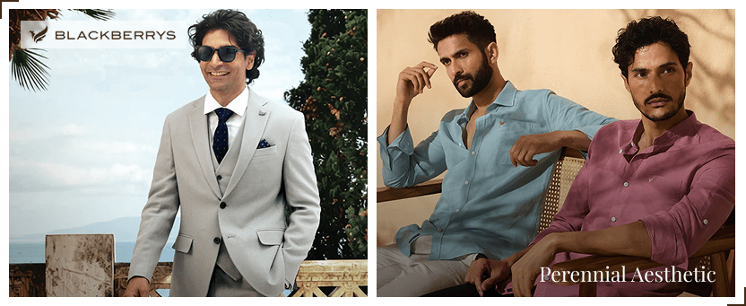 Blackberrys menswear campaign banner, Perennial Aesthetic — tailored suit and linen shirts