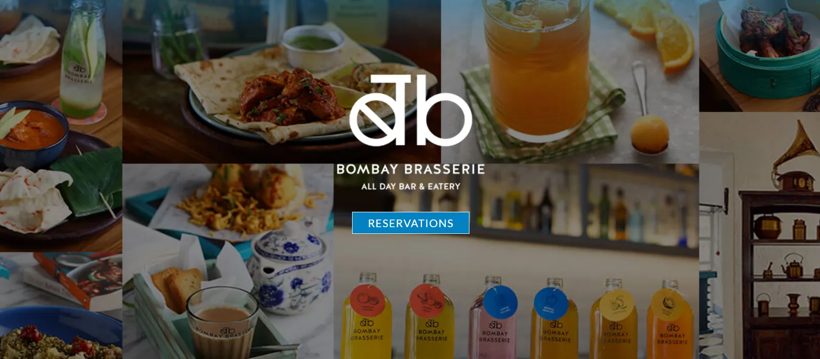 Bombay Brasserie website homepage with the all day bar and eatery logo over a collage of dishes and drinks