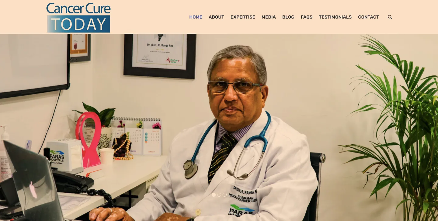 Cancer Cure Today website homepage with Dr. (Col.) R. Ranga Rao at his desk