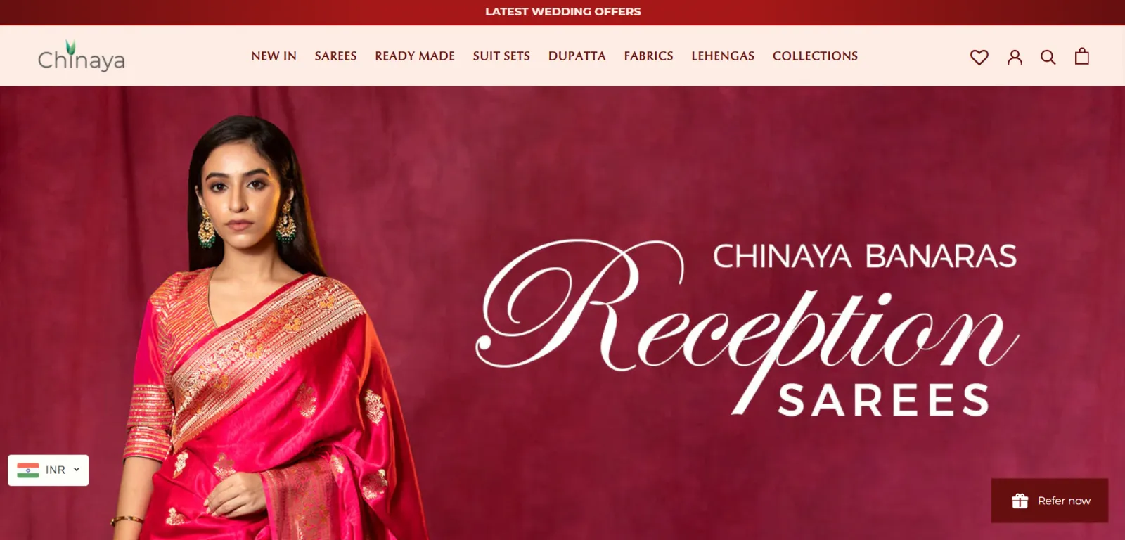 Chinaya Banaras reception sarees campaign with a model in a pink Banarasi silk saree