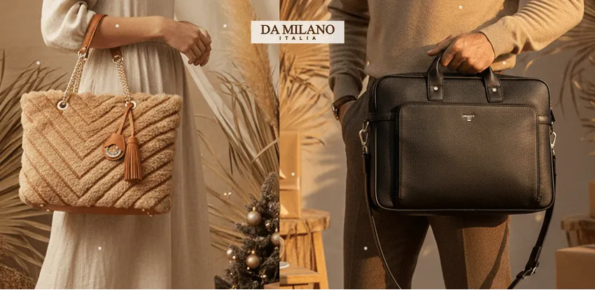 Da Milano campaign with a shearling tote and a black leather laptop bag