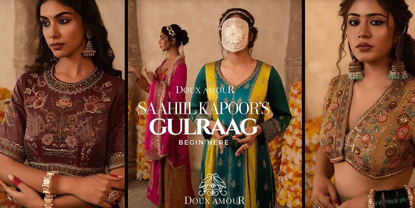 Doux Amour campaign banner for Saahil Kapoor’s Gulraag collection, models in embroidered festive wear