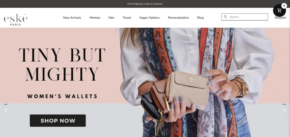 Eské Paris website homepage with a Tiny But Mighty women’s wallets banner