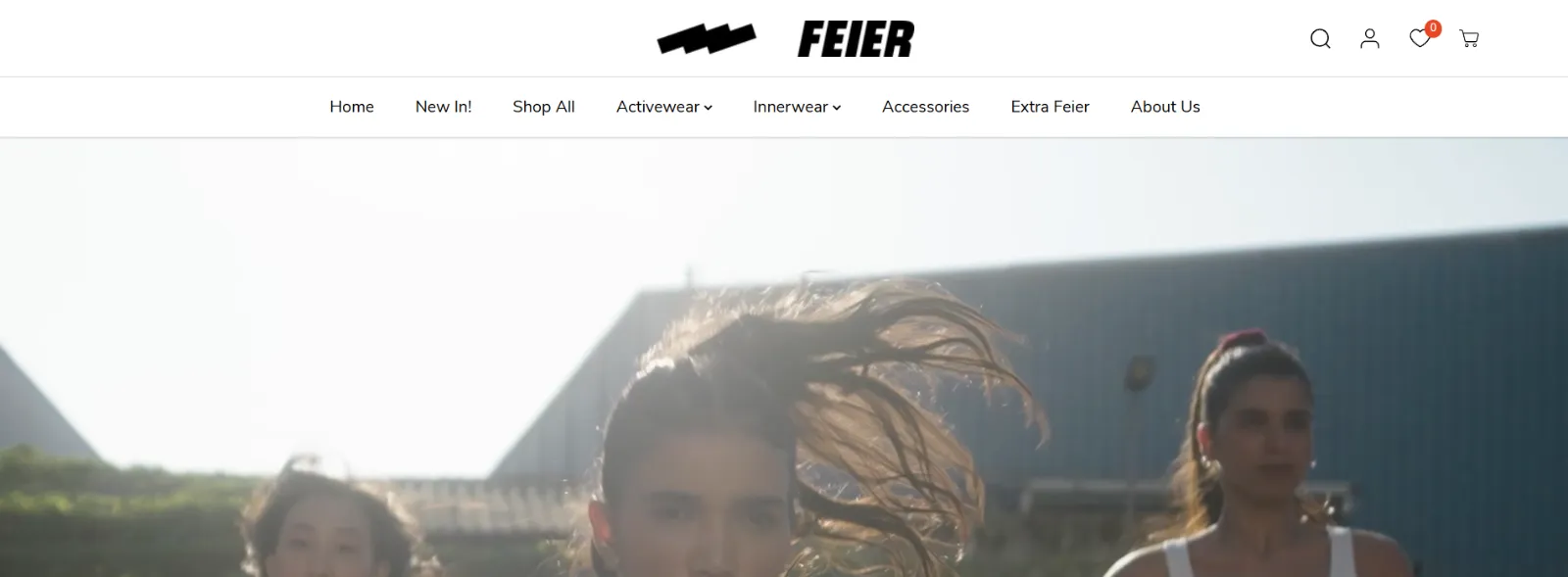 Feier activewear homepage with a campaign video of women running outdoors