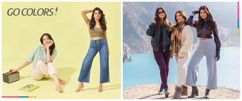 Go Colors campaign banner with models in wide-leg jeans and winter trousers