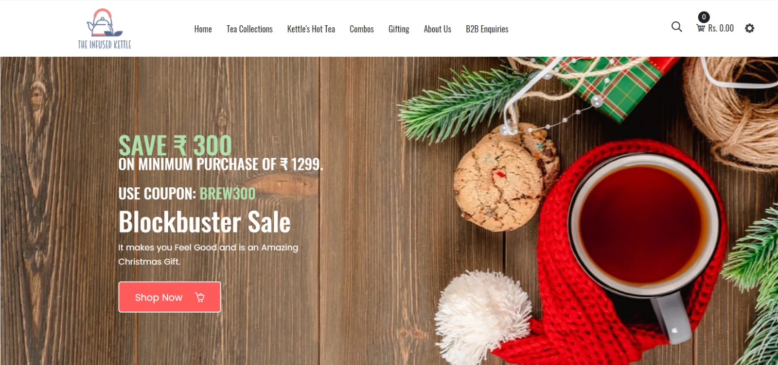 The Infused Kettle website homepage with a Christmas Blockbuster Sale banner offering ₹300 off