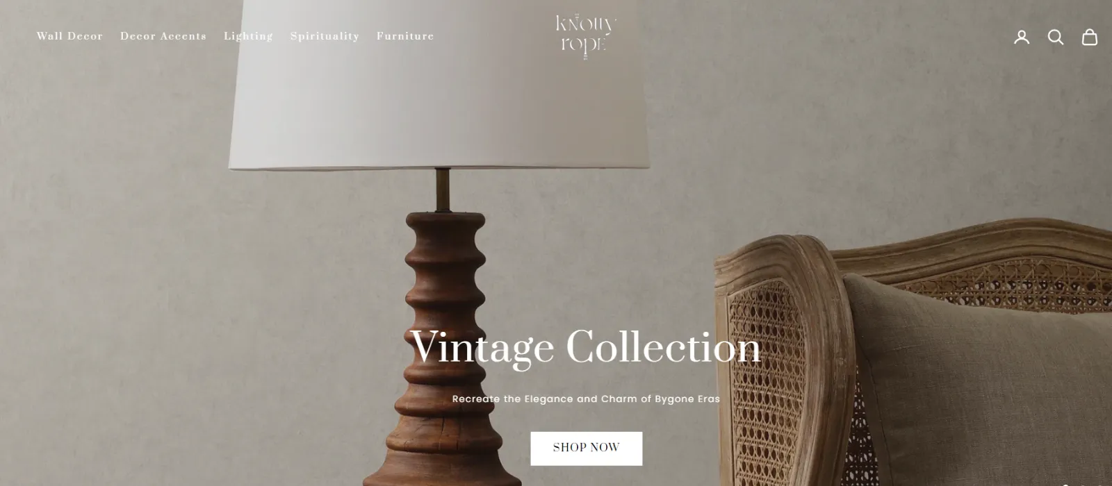 The Knotty Rope website homepage showing the Vintage Collection with a turned wood lamp and cane armchair