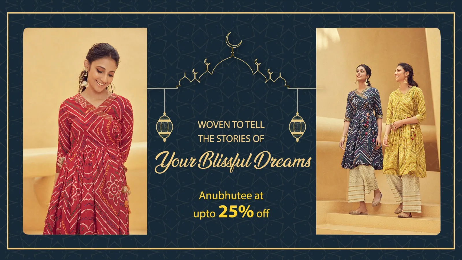 Ramadan sale campaign banner showing women in bandhani print kurtas with up to 25% off