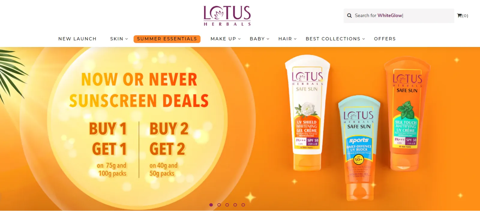 Lotus Herbals website homepage with a Safe Sun sunscreen deals banner
