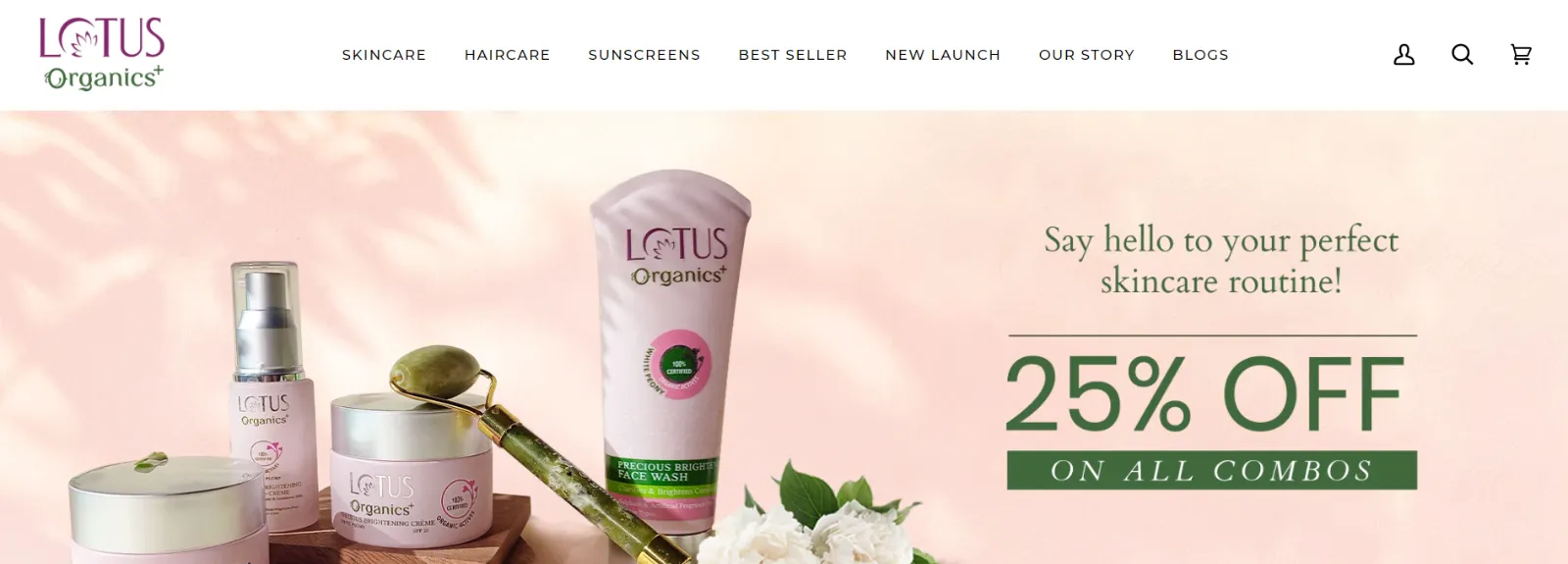 Lotus Organics website homepage with a skincare routine banner offering 25% off on all combos