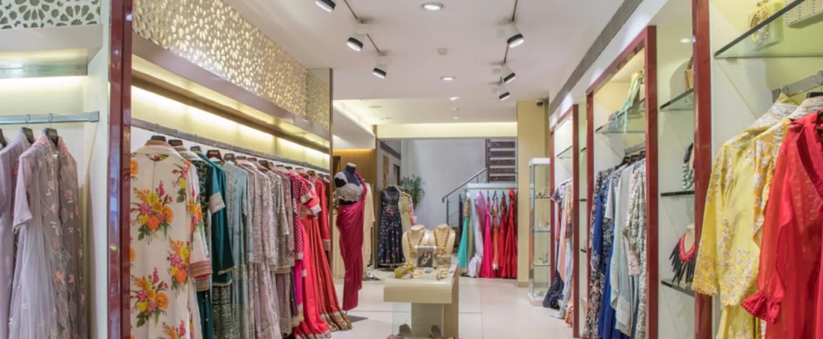 Interior of a luxury Indian designer wear store with embroidered lehengas and sarees on display