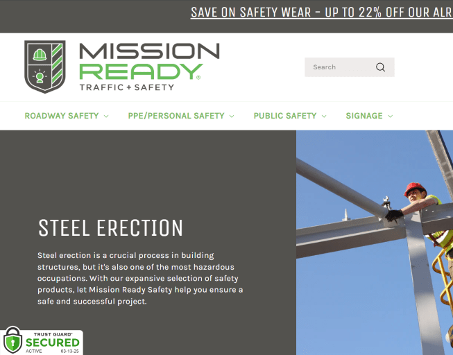 Mission Ready Traffic + Safety website homepage — Steel Erection safety products