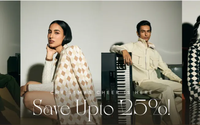 Muvazo Christmas campaign banner with two models in knitwear and a Save Upto 25% offer