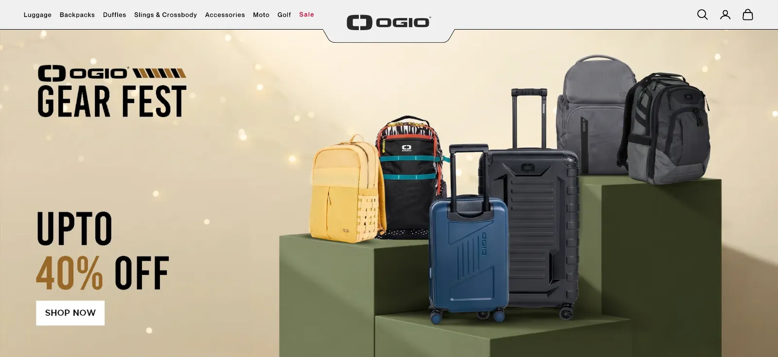 OGIO homepage Gear Fest banner with backpacks and luggage on green plinths