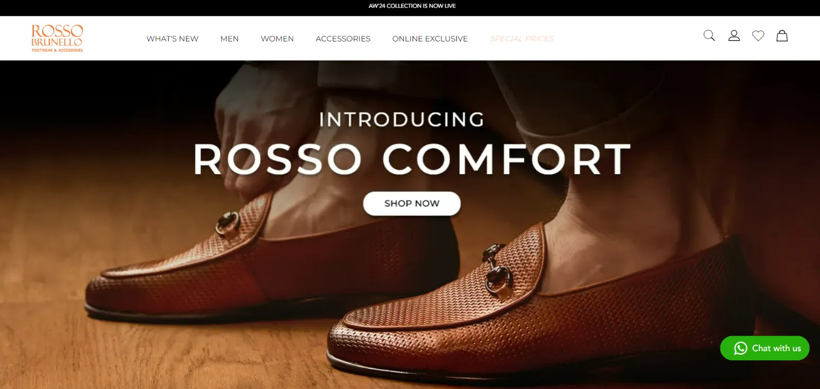 Rosso Brunello homepage introducing Rosso Comfort woven leather loafers