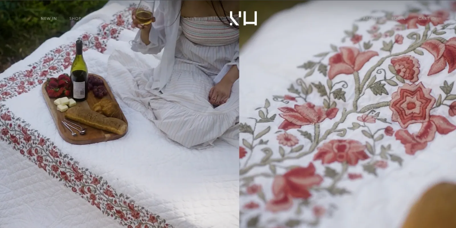 Sarita Handa embroidered white bedspread with red floral border, styled for a picnic