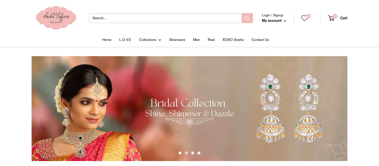Sneha Rateria Fine Jewelry homepage with a Bridal Collection banner of a bride and diamond jhumka earrings