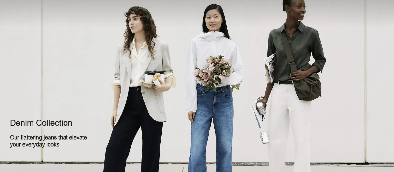 UNIQLO Denim Collection homepage banner showing three models in wide-leg jeans